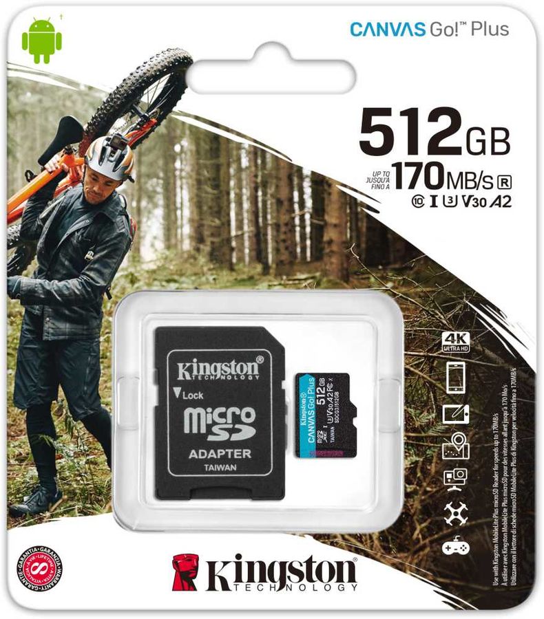 Фото Флеш карта microSD 512GB Kingston microSDXC Class 10 UHS-I U3 V30 Canvas Go Plus 170MB/s {SDCG3/512GBSP}