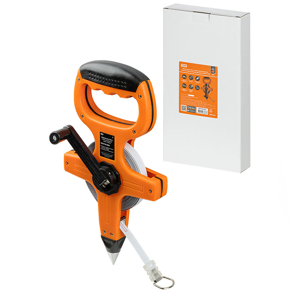 Фото Мерная лента, 30 м х 13 мм, стальное полотно, открытый корпус, штык для фиксации "Рубин" TDM {SQ1018-0401} (1)