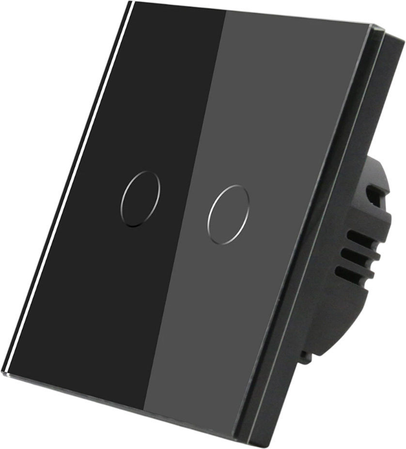 Фото Сенсорный выключатель черный, двухклавишный, 1 пост, стеклянная панель Vell {BK1P-2G}