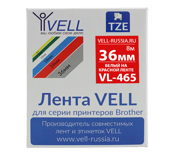 Фото Лента Vell VL-465 (Brother TZE-465, 36 мм, белый на красном) для PT9700/P900W
