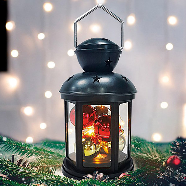 Фото Декоративный фонарь с шариками 12х12х20,6 см, черный корпус, теплый белый цвет свечения Neon-Night {513-061}
