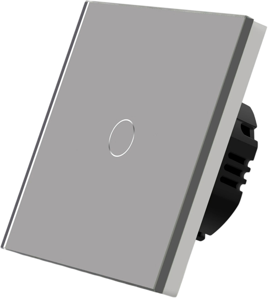 Фото Сенсорный выключатель серый, одноклавишный, 1 пост, стеклянная панель Vell {GY1P-1G}