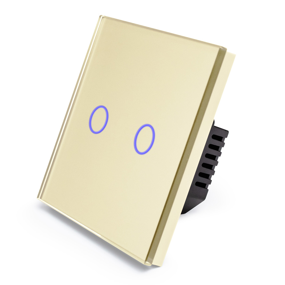 Фото Сенсорный выключатель с нулем, золотой, двухклавишный, 1 пост, с Wi-Fi, с Алисой, стеклянная панель Vell {GD1P-2G-S} (1)