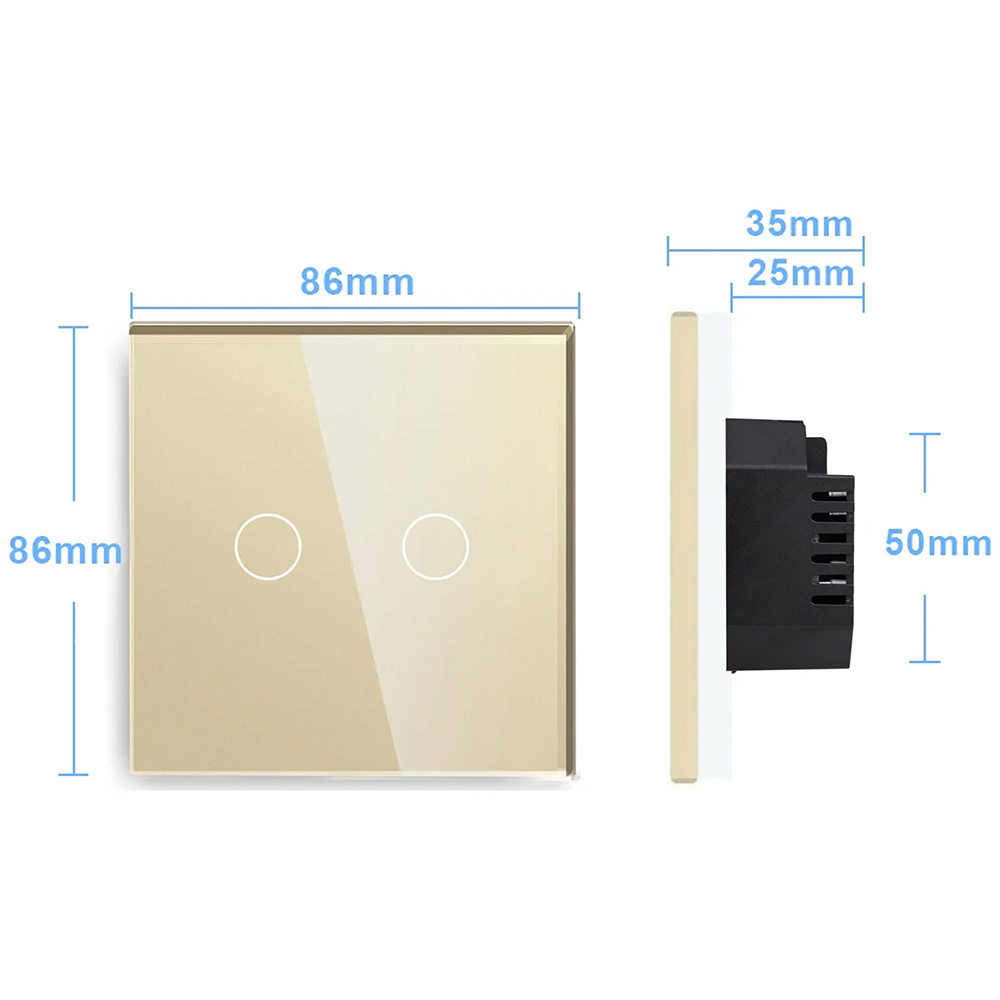 Фото Сенсорный выключатель с нулем, золотой, двухклавишный, 1 пост, с Wi-Fi, с Алисой, стеклянная панель Vell {GD1P-2G-S} (4)