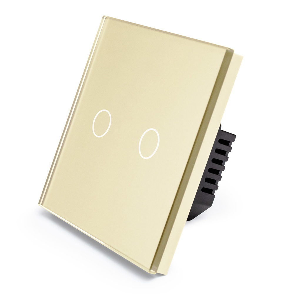 Фото Сенсорный выключатель с нулем, золотой, двухклавишный, 1 пост, с Wi-Fi, с Алисой, стеклянная панель Vell {GD1P-2G-S}